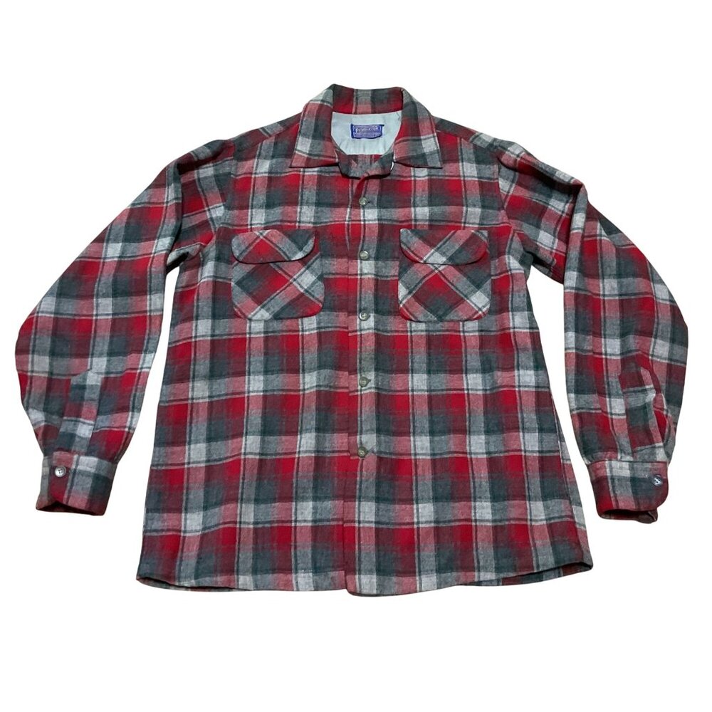 Vtg Pendleton Board Shirt Shacket M Loop Collar Red Gray Plaid Virgin Wool USA
